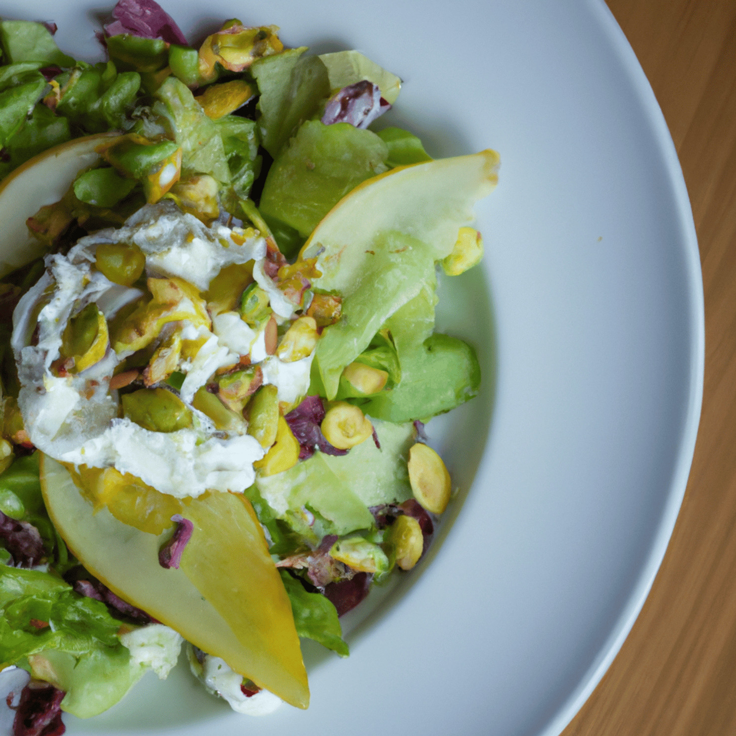 Salade composée : pistache, poire et chèvre frais