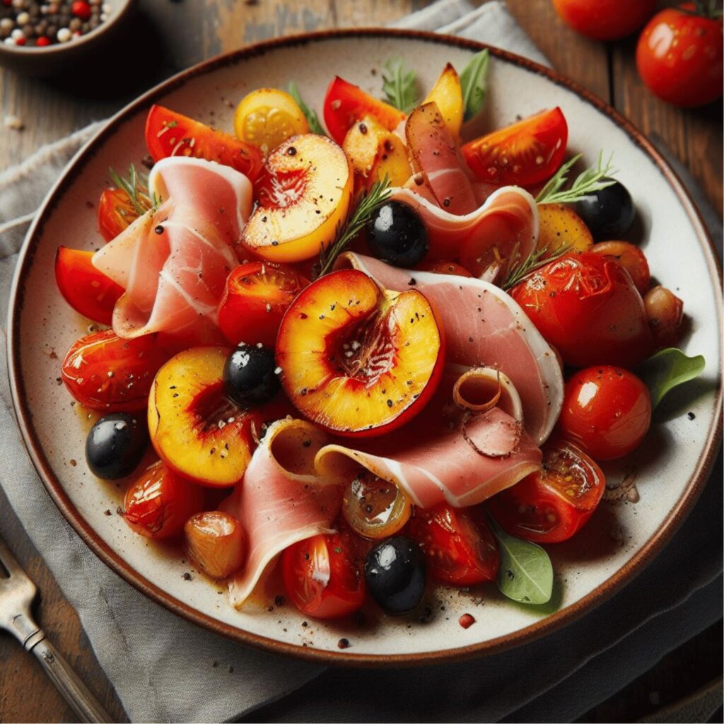 SALADE DE PÊCHES RÔTIES, TOMATES ET JAMBON CRU