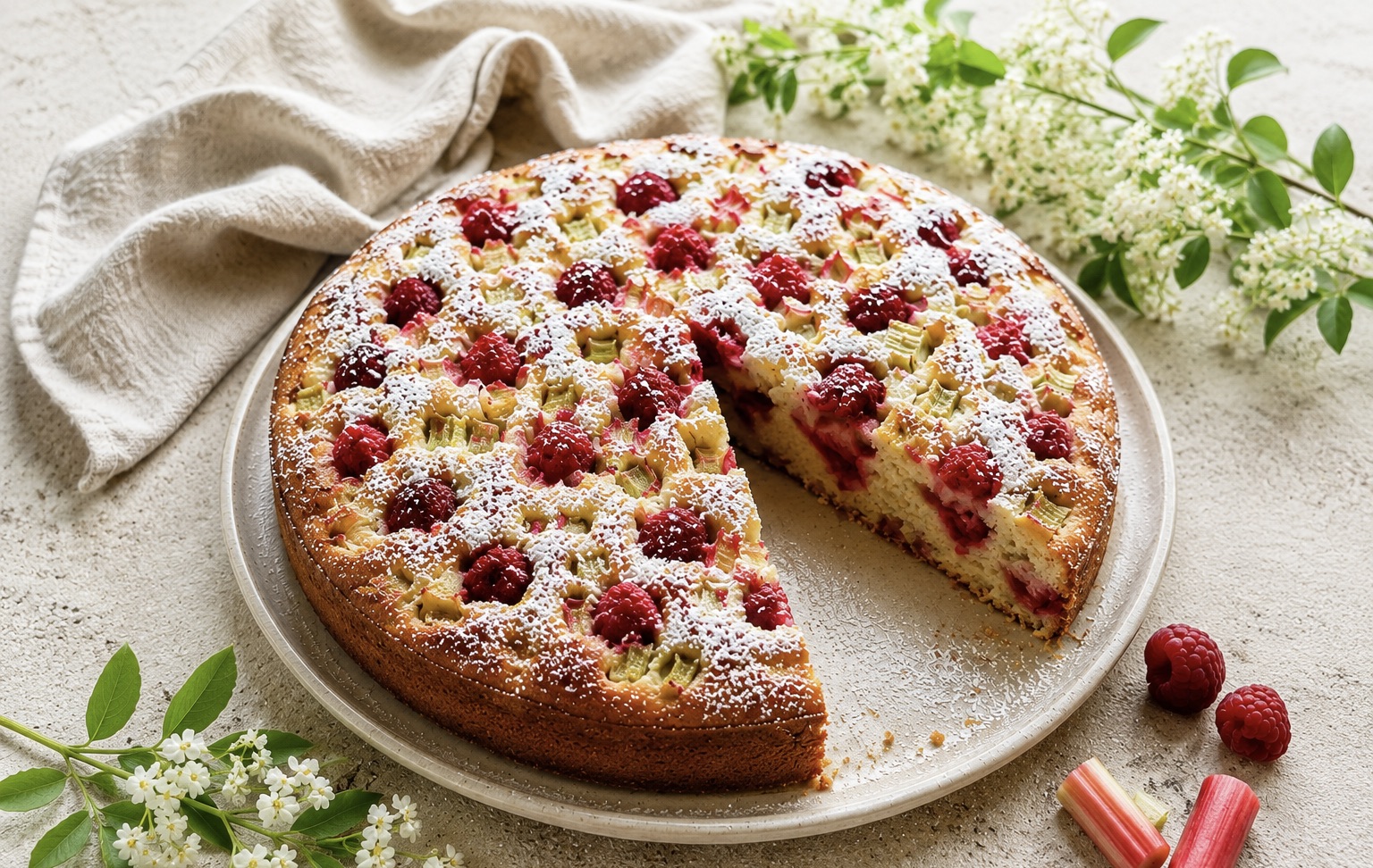 Gâteau à la rhubarbe et aux framboises